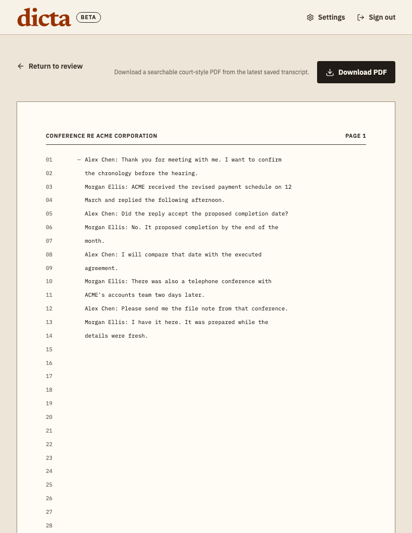 Dicta Hearing document generated from the fictional ACME Corporation transcript