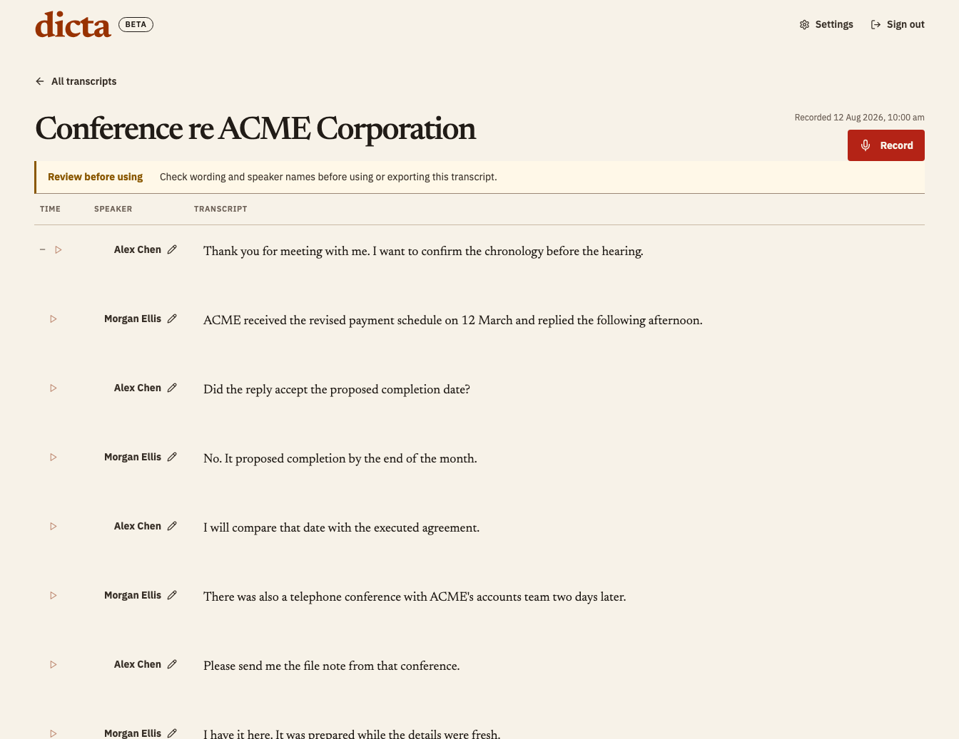 Dicta transcript review for the fictional matter Conference re ACME Corporation